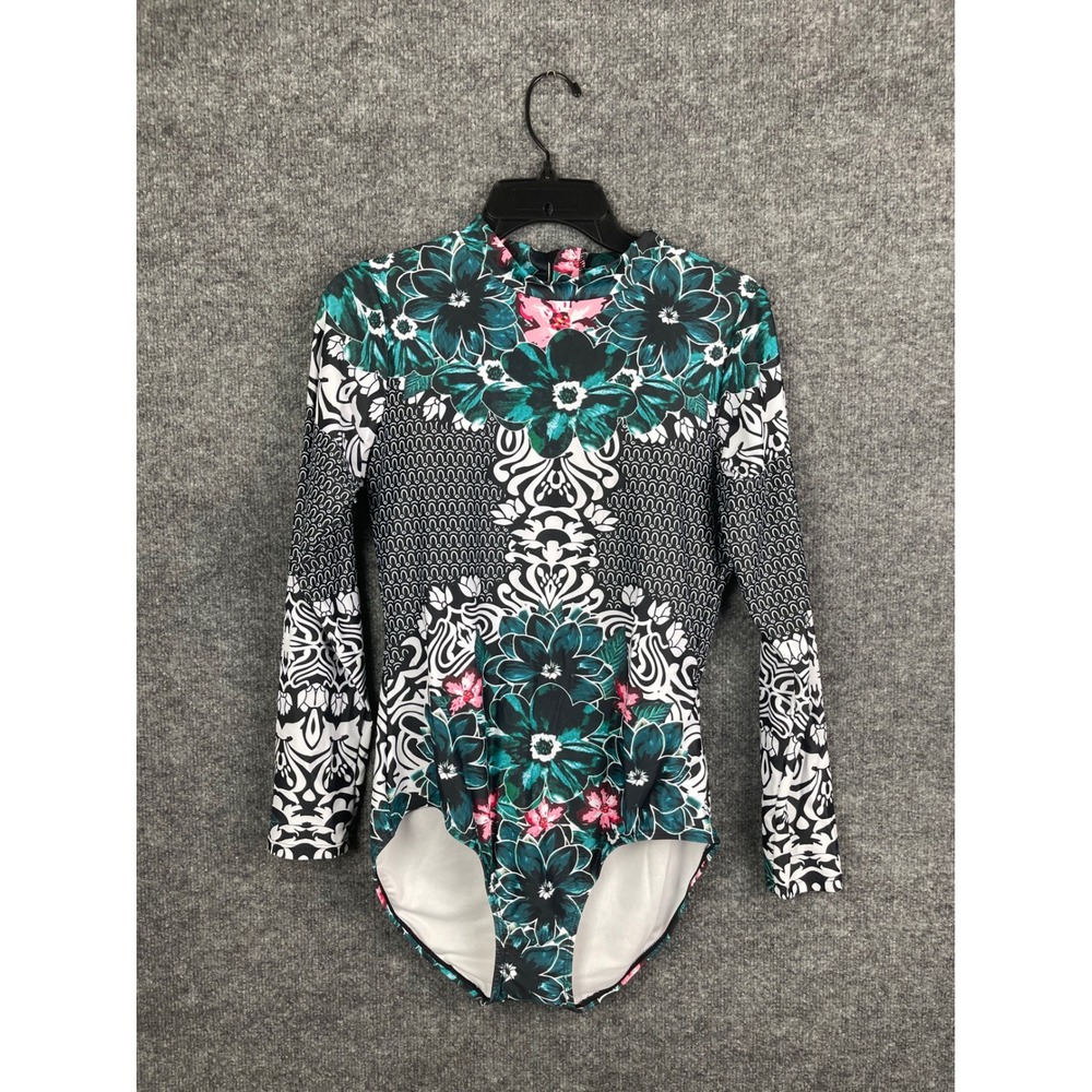 Funnygirl Rash Guard Bodysuit Women's L Teal Floral Damask NWT Long Sleeve Swim